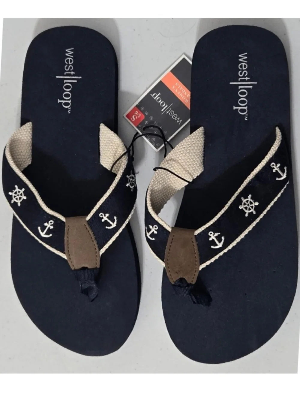 New West Loop Flip Flops Womens Small 5 6 Blue Tan Nautical Sandals Shoes NWT